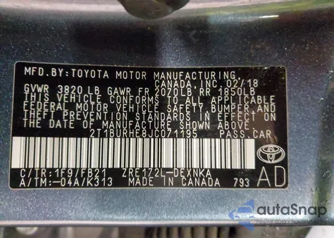 2018 Toyota Corolla Le z USA, uszkodzony, nr VIN 2T1BURHE8JC071195